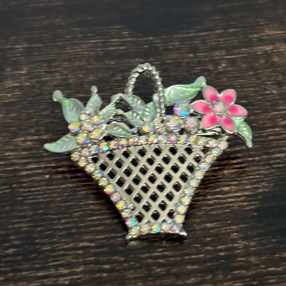 Vintage Style Silver Tone Flower Basket Brooch AB Rhinestone Enamel Pin